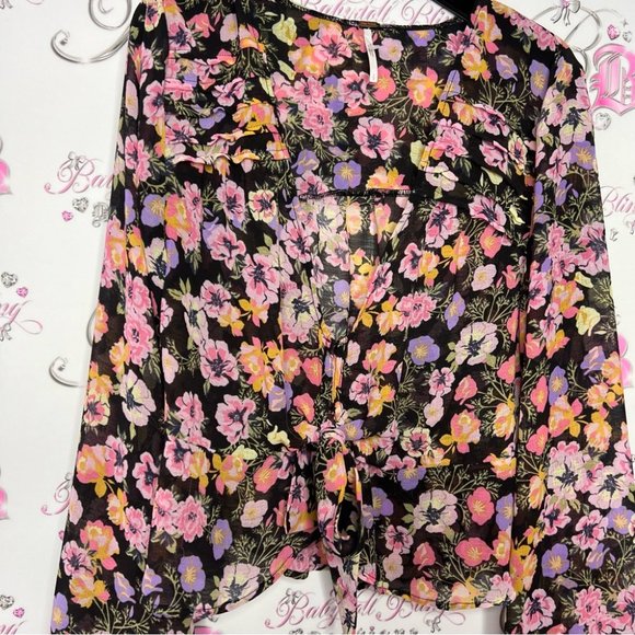 Free people blouse floral flowers rainbow 🌈 mixture neon bow tie ribbon 🎀 - Picture 2 of 14